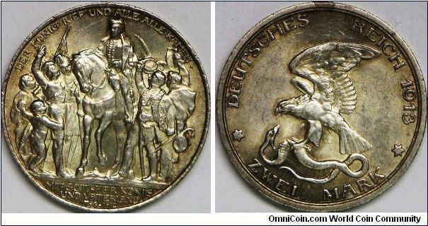 Wilhelm II - Prussia, German State 2 Mark, 1913A. Subject: 100 Years - Defeat of Napoleon. 11.1110 g, 0.9000 Silver, .3215 Oz. ASW., 28mm. Toned AU. [SOLD]