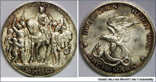 Wilhelm II - Prussia, German State 3 Mark, 1913A. Subject: 100 Years - Defeat of Napoleon. 16.6670 g, 0.9000 Silver, .4823 Oz. ASW., 33mm. Toned UNC.