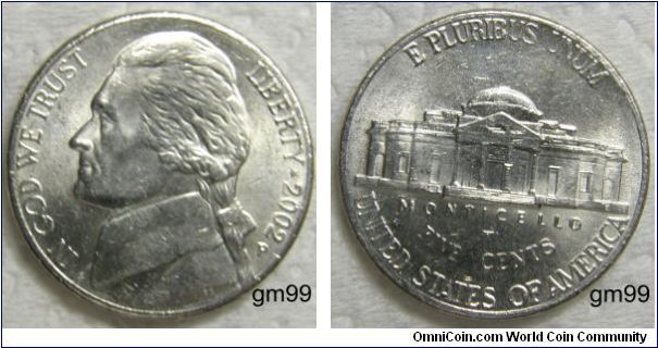 Thomas Jefferson Nickel, 5 Cents. 2002P-Mintmark: Small P (for Philadelphia) below the date on the obverse. Mintage:
Circulation strikes: 31,200,000 (through January 2000)
Proofs: 0
