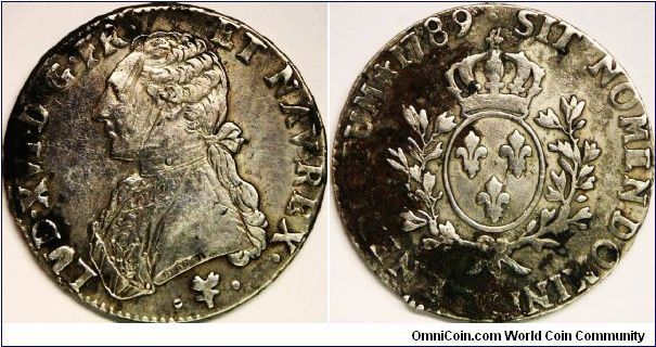 Louis XVI (1774 - 1790), 1 Ecu (6 Livres = 1 Ecu). Bayonne Minted, 1789L. 29.4880 g, 0.9170 Silver, .8693 Oz. ASW. Mintage: Unknown. VF. [SOLD]