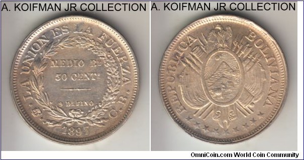 KM-161.5, 1897 Bolivia 50 centavos; CB mint master; despite greyish appearnce this is one of the better coins I have seen; usual weak strike (even late XIX century technology remained lacking) and weeled rim with the soft flattened center this coin is in  definite about uncirculated condition; extra metal on the rims detracts from the appearance in the distance but