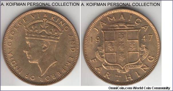 KM-30, 1947 Jamaica farthing; nickel-brass, plain edge; mostly red, nice for this relatively low mintage - 162,000 - year.