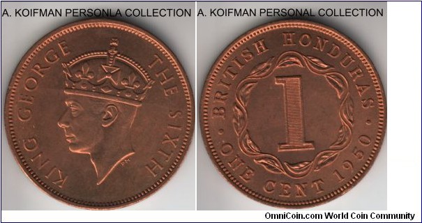 KM-24, 1950 British Honduras cent; bronze, plain edge; orange red uncirculated, good grade, mintage 100,000.