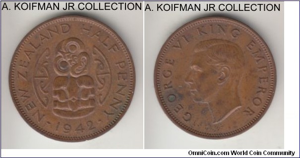 KM-12, 1942 New Zealand half penny; bronze, plain edge; George VI, war time issue, uncirculated details, some darker toning spots on obverse.