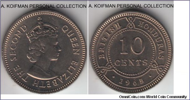 KM-32, 1965 British Honduras 10 cents; copper-nickel, reeded edge; very nice uncirculated, regular date variety, this is a more common year with largest mintage of the type.