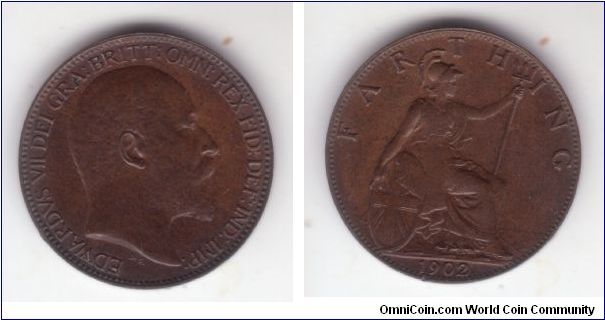 KM-792, 1902 Great Britain farthing; it is strangely flat, probably weakly struck on rusted dies, at the center of reverse as other elevated parts of the coin, including Britannia's foot have only light wear and wire rim (resulting from the sligt shifting of dies) on obverse show little wear; another unusual thing is that there is a dot after 2 in the date, probably die imperfection. I would say, discarding flat reverse, this coin is in good extra fine condition.