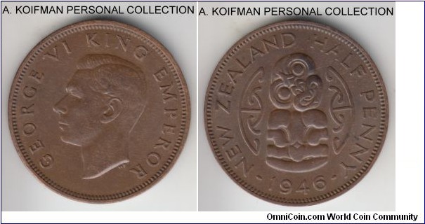 KM-12, 1946 New Zealand half penny; bronze, plain edge; good extra fine, reverse is even nicer.