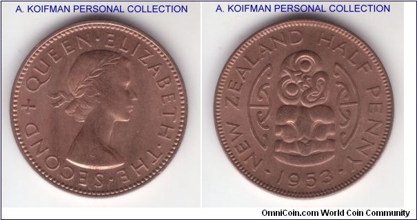 KM-23.1, 1953 New Zealand 1/2 penny; bronze, plain edge; almost completely red, uncirculated.