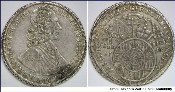 Austrian States, Olmutz, Wolfgang Von Schrattenbach (1711 - 1738), Thaler, 1719. 43mm. Silver. Good very fine.