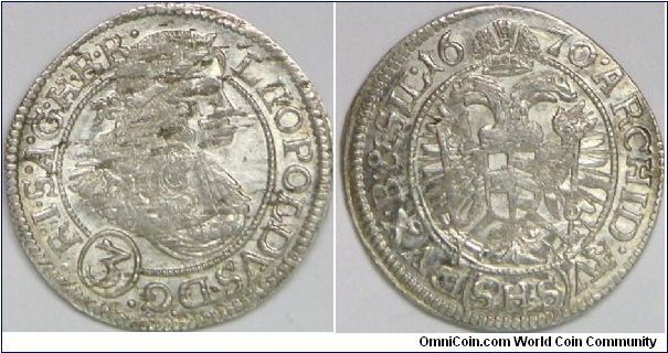 Upper Austria (Further Austria), Burgau, Leopold I, 3 Kreuzer, 1670 SHS, Silver. About XF. (Thanks Podzemnik about the exact place of Austria)