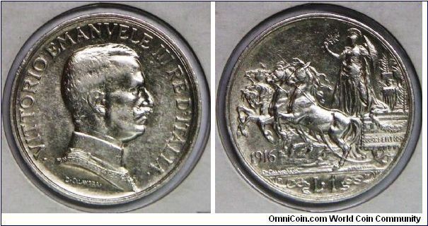 Kingdom of Vittorio Emanuele III (1900 - 1946), 1 Lira, 1916R. 5.0000 g, 0.8350 Silver, .1342 Oz. ASW. Mintage: 1,835,000 units. VF+ to EF. Key Date.