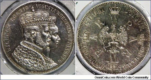 German States - Prussia, Coronation of Wilhelm and Augusta, Thaler, 1861A. 18.5200 g, 0.9000 Silver, .5360 Oz. ASW. Mintage: 1,000,000 units. Good XF. [SOLD]