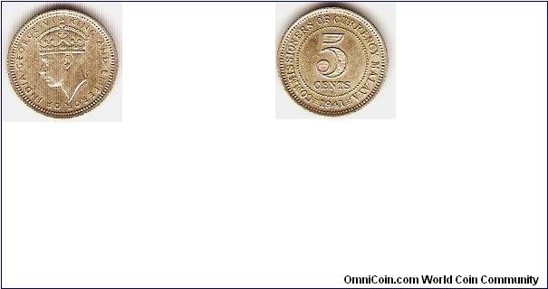 Commissioners of Currency / Malaya
5 cents 
silver
George VI King and emperor of India
