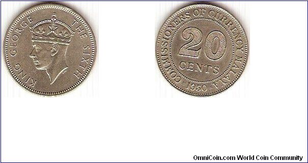 Commissioners of Currency / Malaya
20 cents 
copper-nickel
George VI King