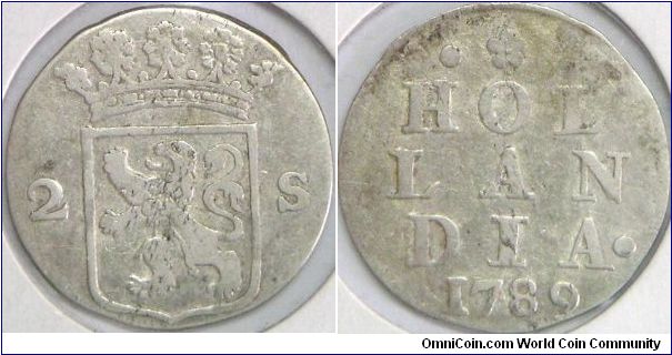 Holland - Hollandia Province, 2 Stuivers (Double Wapenstuiver), 1789. 1.6200 g, 0.5830 Silver, 0.0304 Oz. ASW. VF.