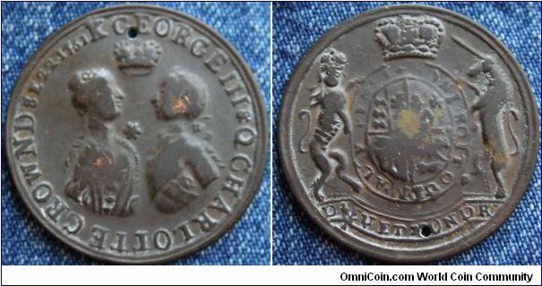 K George III & Q Charlotte Crownd (sic)se 22 1761. Coronation Medal. REV: Royal Coat-of-Arms.  Brass 32mm