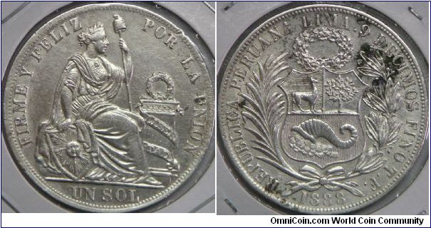 Republic of Peru (Decimal systems), 1 SOL, 1888 TF. 25.0000 g, 0.9000 Silver, .7234 Oz. ASW. Type XI. Mintage: 3,147,000 units. About XF.