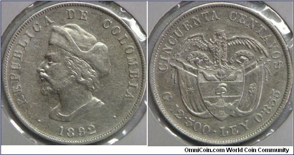 Republic, 50 Centavos, 1892. Subject: 400th Anniversary of Columbus' Discovery of America. 12.5000 g, 0.8350 Silver, .3356 Oz. ASW., 29.6mm. Mintage: 4,826,000 units. Good VF.