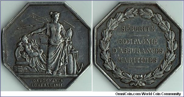 silver jeton issued circa 1840's for La Securite, which at that time was one of France's leading Maritime insurers