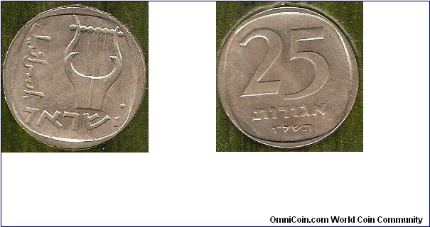 25 agorot
copper-nickel
star of David in field
from mint set 1976 (JE5736)
mintage 64,654