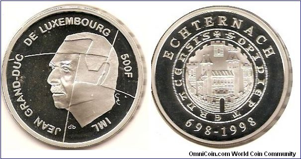 500 francs
1300th anniversary of the City of Echternach
Jean of Nassau, grand duke of Luxembourg
0.925 silver