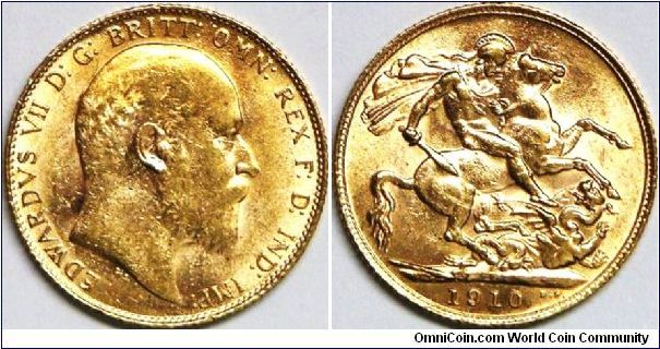 King Edward VII, Sovereign, 1910. 7.9881 g, 0.9170 Gold, .2354 Oz. AGW. Mintage: 22,380,000 units. Good XF.