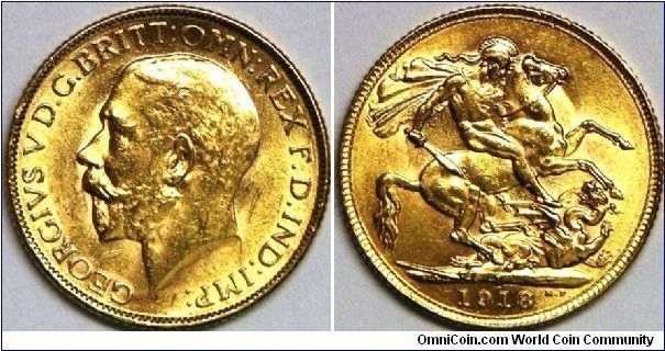King George V, Sovereign, 1918i (Scarce one-year type). 7.9881 g, 0.9170 Gold, .2354 Oz. AGW. Mintage: 1,294,372 units. Mint: Bombay. AU. (Note: Most of this type have been lost to the ravages of time, making this an especially scarce issue)