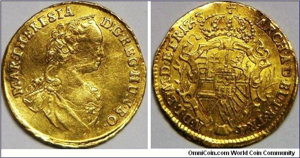 Austria Trade Coinage, Maria Theresa, 1 Ducat, 1743. 3.5000 g, 0.9860 Gold, .1109 Oz. AGW. Mint: Graz. EF.