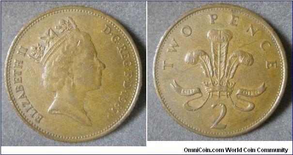 United Kingdom, Queen Elizabeth II, 2 Pence. 1987.