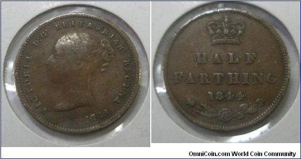 United Kingdom, Queen Victoria (Young Head), Half Farthing, 1844. Bronze.