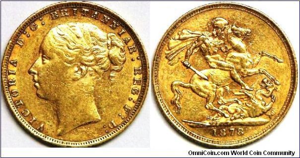 Queen Victoria (Young Head St. George slaying the dragon), Sovereign, 1878. 7.9881 g, 0.9170 Gold, .2354 Oz. AGW. Melbourne Mint Sovereign. Mintage: 1,091,000 units. VF.