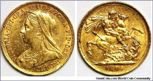 Queen Victoria (Old Head St. George slaying the dragon), Sovereign, 1895. 7.9881 g, 0.9170 Gold, .2354 Oz. AGW. Mintage: 2,285,000 units. Good VF to XF.