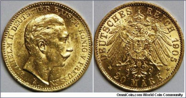 Wilhelm II - Prussia, German States 20 Mark, 1905A. 7.9650 g, 0.9000 Gold, .2304 oz. AGW. Mintage: 4,176,000 units. XF. [SOLD]