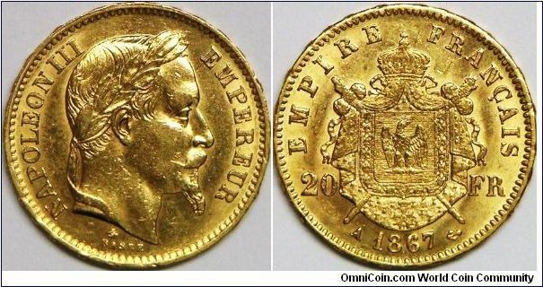 Second Empire: Emperor Napoleon III, 20 Francs, 1867A. 6.4516 g, 0.9000 Gold, .1867 Oz. AGW. Mintage: 2,923,000 units. Mint: Paris. EF+. [SOLD]