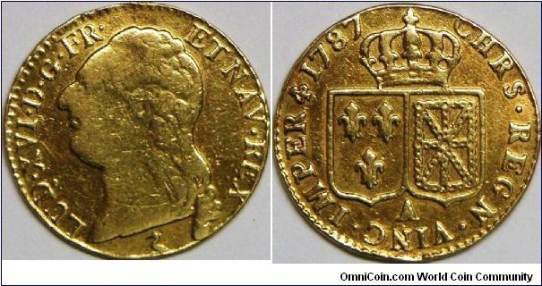 Louis XVI, 1 Louis D'OR, 1787A. 7.6490 g, 0.9170 Gold, .2255 Oz. AGW. Mintage: 1,927,000 units. Mint: Paris. VF. [SOLD]