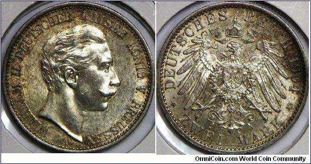 Wilhelm II - Prussia, German States 2 Mark, 1904A. 11.1110 g, 0.9000 Silver, .2215 oz. ASW, 28mm. 9,981,000 units, UNC.