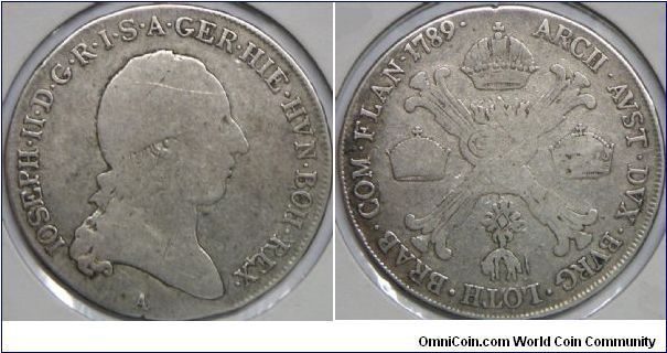 Austria Netherlands, Josept II, 1/2 Kronenthaler, 1789A. 14.2000 g, 0.8730 Silver, .4132 Oz. ASW. Mintage: 24,000 units.
