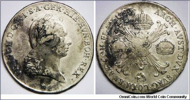 Austria Netherlands, Franz II, 1 Kronenthaler, 1793B. 29.4400 g, 0.8730 Silver, .8264 Oz. ASW. Good VF.