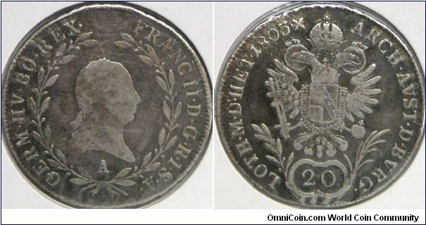 Austria Empire, Franz II - Holy Roman Emperor ( 1792 - 1806), 20 Kreuzer, 1803A. 6.6800 g, 0.5830 Silver, .1252 Oz. ASW. F.