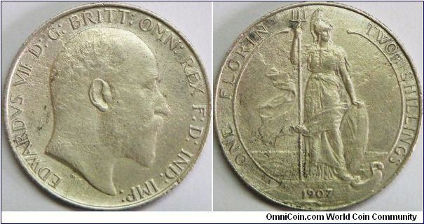 Edward VII, Great Britain 1 Florin (2 Shillings), 1907. 11.3104 g, 0.9250 Silver, .3364 Oz. ASW. Mintage: 5,948,000 units. Good VF. [SOLD]