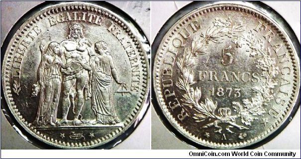 Modern Republic of France, 5 Francs, 1873A. 25.0000 g, .9000 Silver, .7234 Oz. ASW. Mintage: 27,077,000 units. AU.