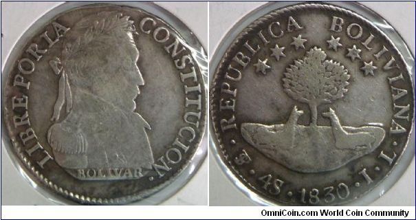 Republic of Bolivia, 4 Soles, 1830PTS J. 13.5000 g, 0.6670 Silver, .2895 Oz. ASW. About VF.