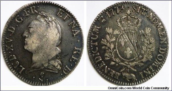 Louis XV (1715 - 1774), 1 Ecu (6 Livres = 1 Ecu). Pau Minted, 1774. 29.4880 g, 0.9170 Silver, .8693 Oz. ASW. Mintage: 529,000 units. About VF. [SOLD]