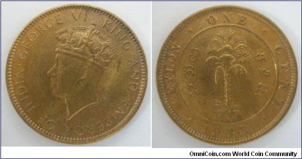 Ceylon, King George VI, One Cent. Bronze. 1942.