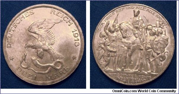 1913 100 years after Napoleons defeat commen. Drei (3) mark. Prussia. This is the sibling of the 2 mark of the same design I uploaded a while back.