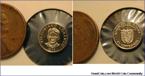 This has to be the smallest coin still in production! The cent is for a size comparison. This is a 2 1/2 cent from Panama and is as thick as two cents stacked together. Proof.