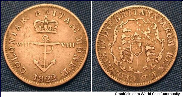 British West Indies. 1822 silver with an interesting anchor motif. I know little about this coin, but I really liked the design.