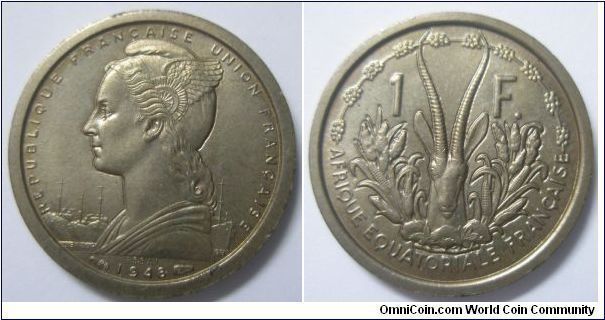 French West Africa, French Colony, 1 Franc, 1948. Aluminium. Mintage: 2,000 units. BU. Essais (Pattern).