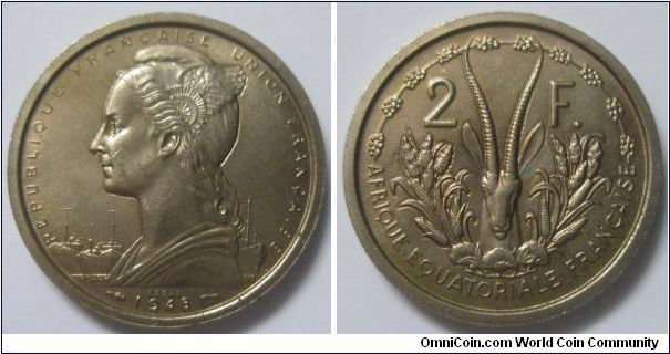French West Africa, French Colony, 2 Franc, 1948. Aluminium. 27mm. Mintage: 2,000 units. BU. Essais (Pattern).