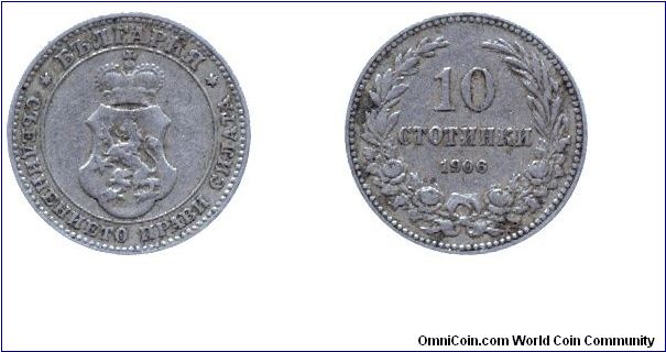 Bulgaria, 10 stotinki, 1906, Cu-Ni.                                                                                                                                                                                                                                                                                                                                                                                                                                                                                 